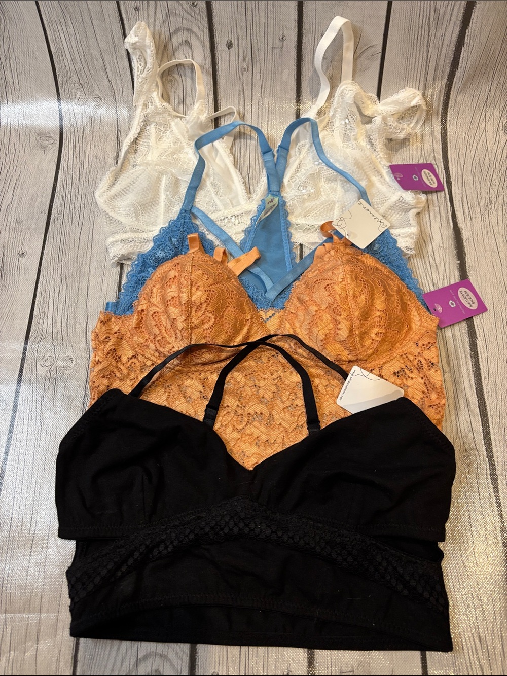 Anemone Lace & Soft-Cup Bralette Pack - White, Blue,peach, Black size S/M